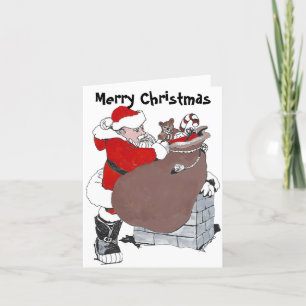 Santa Clause w/Toys on rooftop folded Christmas Holiday Card