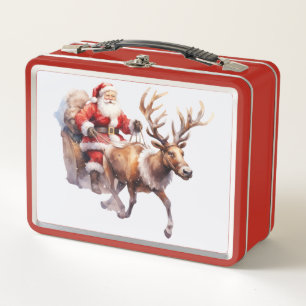 Santa Clause with a reindeer pulling his sleigh Metal Lunch Box