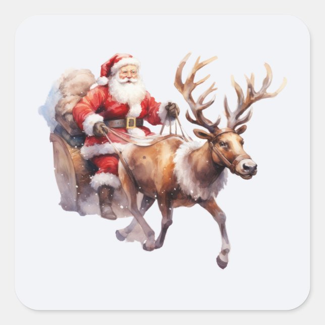 Santa Clause with a reindeer pulling his sleigh Square Sticker (Front)