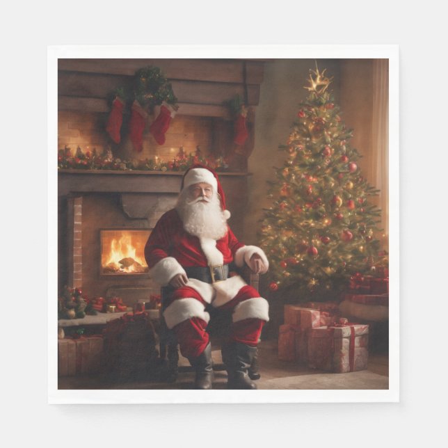 Santa Clause with Christmas Tree & Fireplace Napkins (Front)