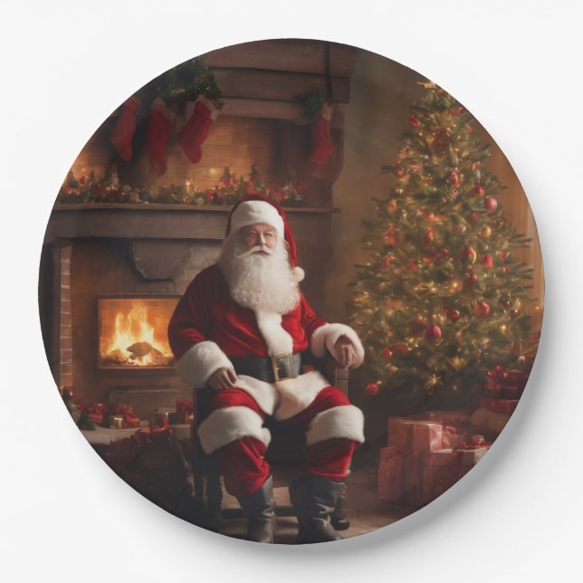 Santa Clause with Christmas Tree & Fireplace Paper Plates (Front)