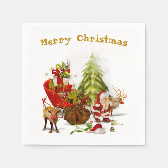 Santa Clause with his Sleigh and Reindeers Napkins (Front)