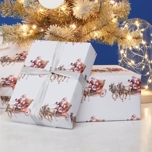 Santa Clause with horses wearing reindeer antlers Wrapping Paper (Holidays)