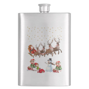 Santa Clause with reindeers pulling his sleigh Flask