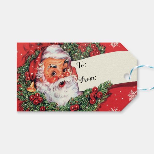 Santa Clause with Wreath Gift Tag Vintage style