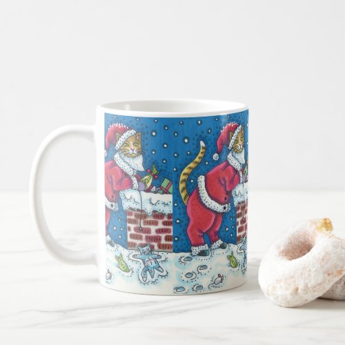 SANTA CLAWS CAT ON ROOFTOP BRINGING GIFTS FUNNY COFFEE MUG