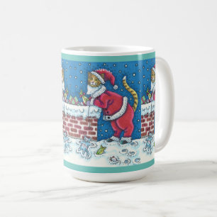 SANTA CLAWS CAT ON ROOFTOP BRINGING GIFTS, FUNNY COFFEE MUG