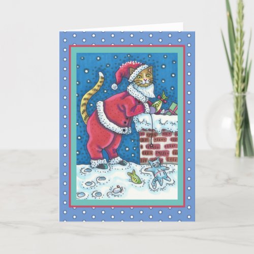 SANTA CLAWS CAT ON ROOFTOP BRINGING GIFTS FUNNY HOLIDAY CARD