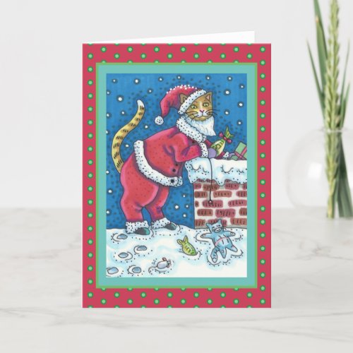 SANTA CLAWS CAT ON ROOFTOP BRINGING GIFTS FUNNY HOLIDAY CARD