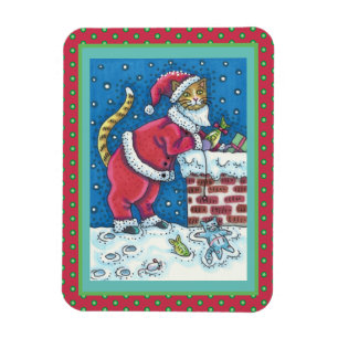 SANTA CLAWS CAT ON ROOFTOP BRINGING GIFTS, FUNNY MAGNET