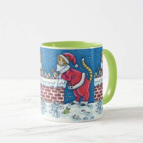 SANTA CLAWS CAT ON ROOFTOP BRINGING GIFTS FUNNY MUG