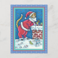 SANTA CLAWS CAT ON ROOFTOP BRINGING GIFTS, FUNNY POSTCARD