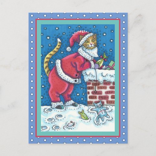 SANTA CLAWS CAT ON ROOFTOP BRINGING GIFTS FUNNY POSTCARD