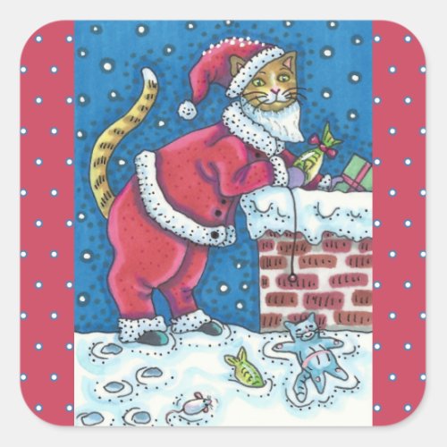 SANTA CLAWS CAT ON ROOFTOP BRINGING GIFTS FUNNY SQUARE STICKER