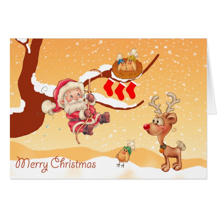 Santa Climbing A Tree To Give Gifts Card