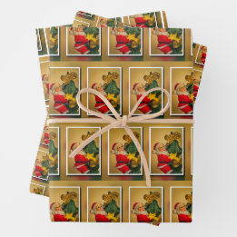 Santa Climbing the Christmas Tree Golden Jolly Wrapping Paper Sheets