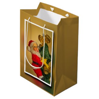 Santa Climbing the Christmas Tree Vintage Gold Art