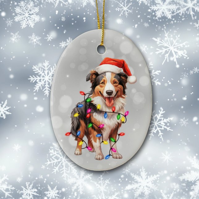 Santa Collie Dog Wrapped in Christmas Lights  Ceramic Ornament (Creator Uploaded)