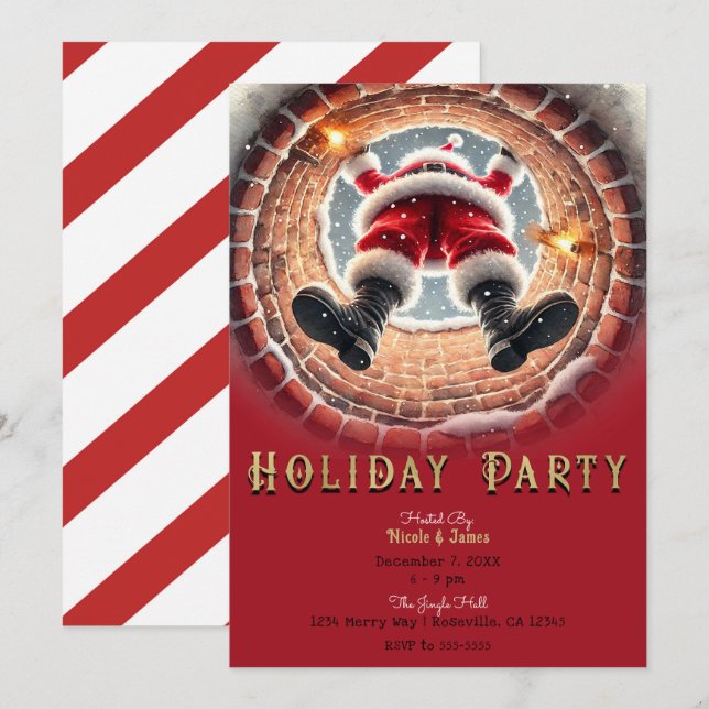 Santa Coming Down Chimney Holiday Party Invitation (Front/Back)