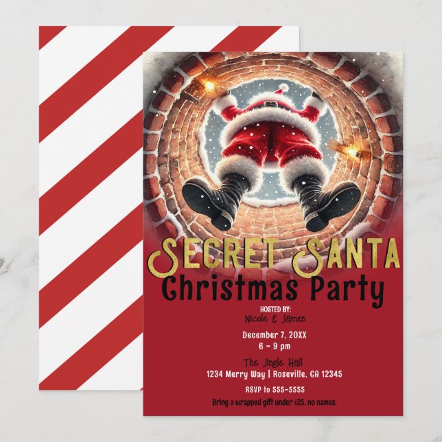 Santa Coming Down Chimney Secret Santa Party Invitation (Front/Back)
