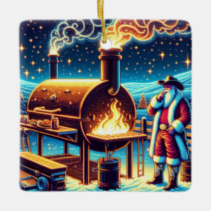 Santa Cooking On The BBQ Pit 3 Christmas Ceramic Ornament