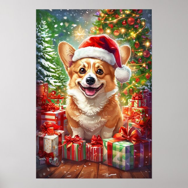 Santa Corgi Christmas Poster - Canvas Wall Art (Front)