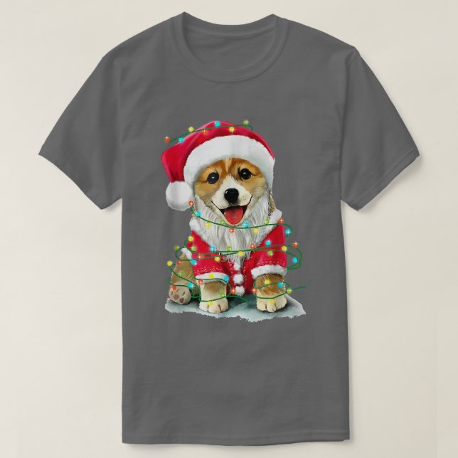 Santa Corgi Christmas Tree Lights  T-Shirt (Design Front)