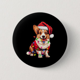 Santa Corgi Dog Christmas Lights Xmas Pajama Dog L Button