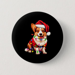 Santa Corgi Dog Christmas Lights Xmas Pajama Dog L Button