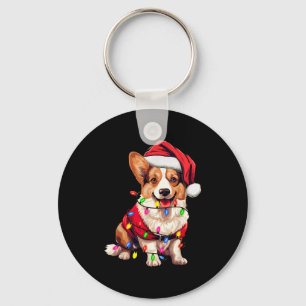 Santa Corgi Dog Christmas Lights Xmas Pajama Dog L Keychain