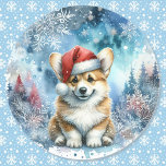 Santa Corgi Puppy In Winter Snow Watercolor  Classic Round Sticker<br><div class="desc">Santa Corgi Puppy In Winter Snow Watercolor Classic Round Sticker</div>
