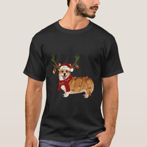 Santa Corgi Reindeer Light Christmas Gifts T_Shirt