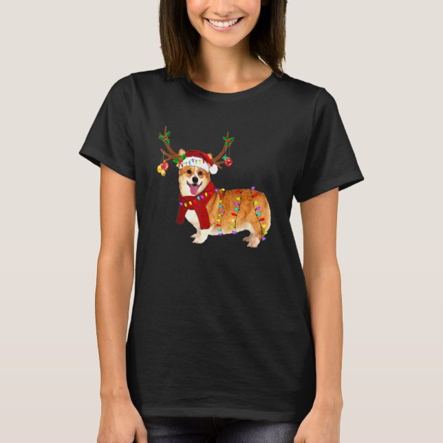 Santa Corgi Reindeer Light Christmas T-Shirt (Front)