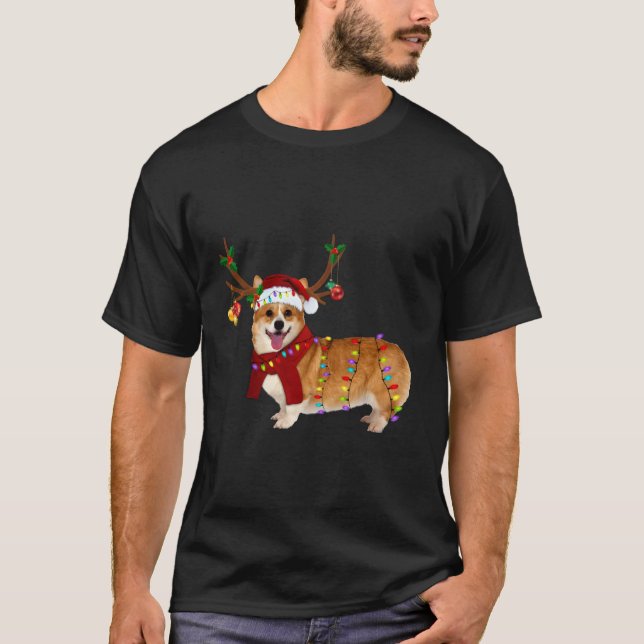 Santa Corgi Reindeer Light Christmas T-Shirt (Front)