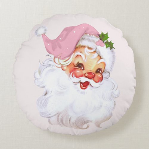 Santa Cottage Chic Pink Christmas Round Pillow