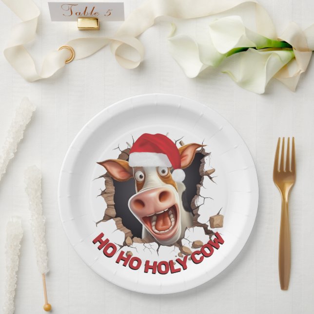 Santa cow cartoon face humorous Christmas farmers Paper Plates (Wedding)