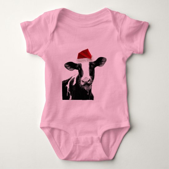 Santa Cow - Dairy Cow wearing Santa Hat Baby Bodysuit