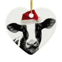Santa Cow - Dairy Cow wearing Santa Hat Ceramic Ornament