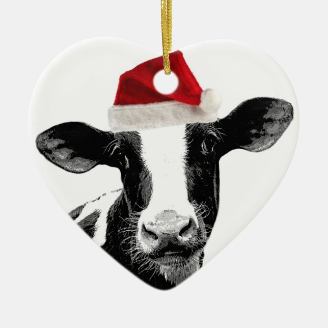Santa Cow - Dairy Cow wearing Santa Hat Ceramic Ornament (Front)