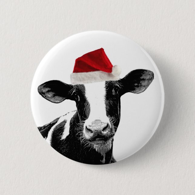 Santa Cow - Dairy Cow wearing Santa Hat Pinback Button (Front)