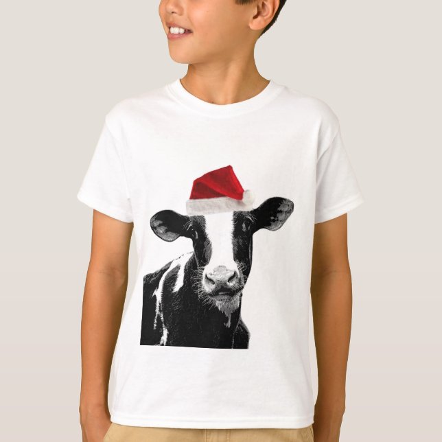Santa Cow - Dairy Cow wearing Santa Hat T-Shirt (Front)