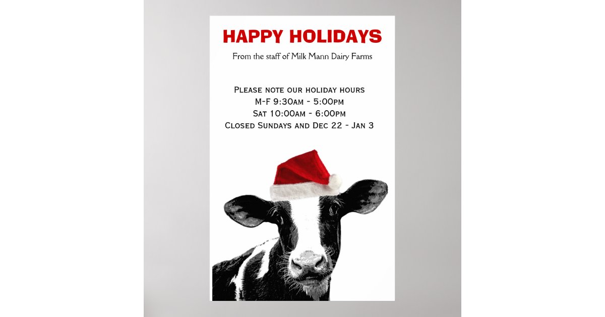 Santa Cow Happy Holidays Dairy Farm Store Hours Poster | Zazzle.com