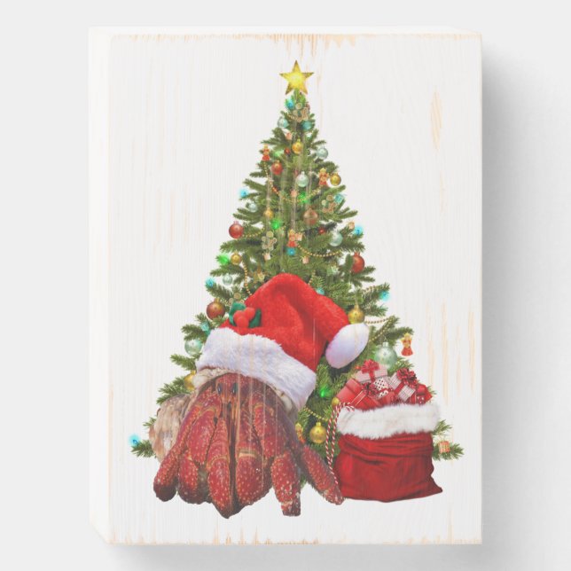 Santa Crab Funny Christmas Hermit Crab Lover Wooden Box Sign (Front Vertical)