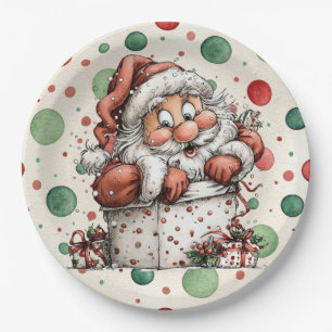 Santa Crawling Out of Gift Box Paper Plates