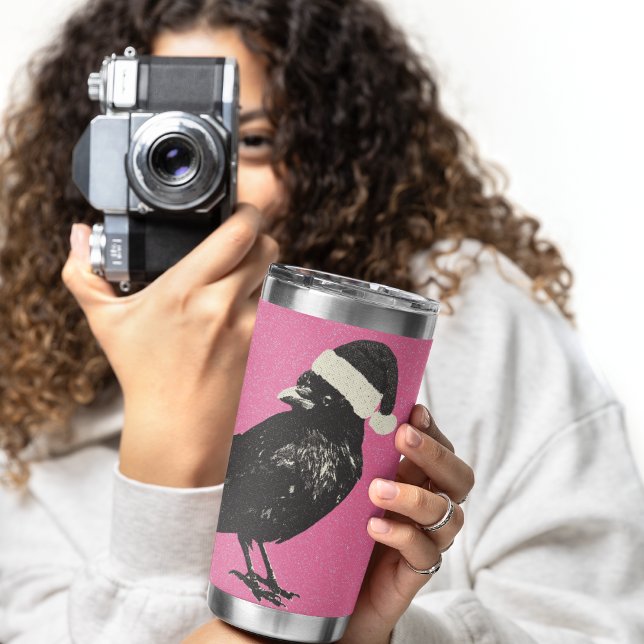 Santa Crow Pink Black Cawfee Christmas Insulated Tumbler (This cute pink Christmas crow insulated tumbler keeps coffee hot and water cold.)
