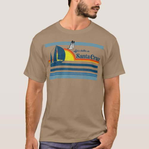 Santa Cruz Beach Retro 70s 80s 90s Sailing Boat T_Shirt