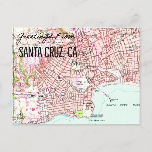 Santa Cruz CA 1955 Map Postcard