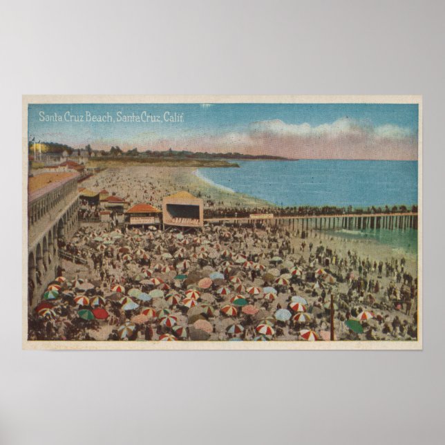 Santa Cruz, CA - Beach Scene Full of People Poster (Front)