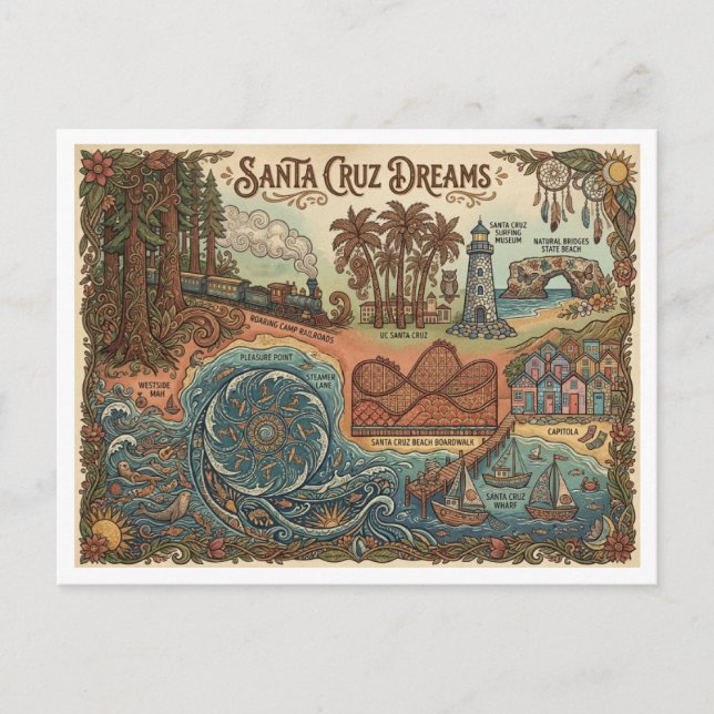 Santa Cruz California Dreams Map – Vibrant Coast Holiday Postcard (Front)