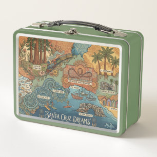Santa Cruz California Dreams Map – Vibrant Coast Metal Lunch Box
